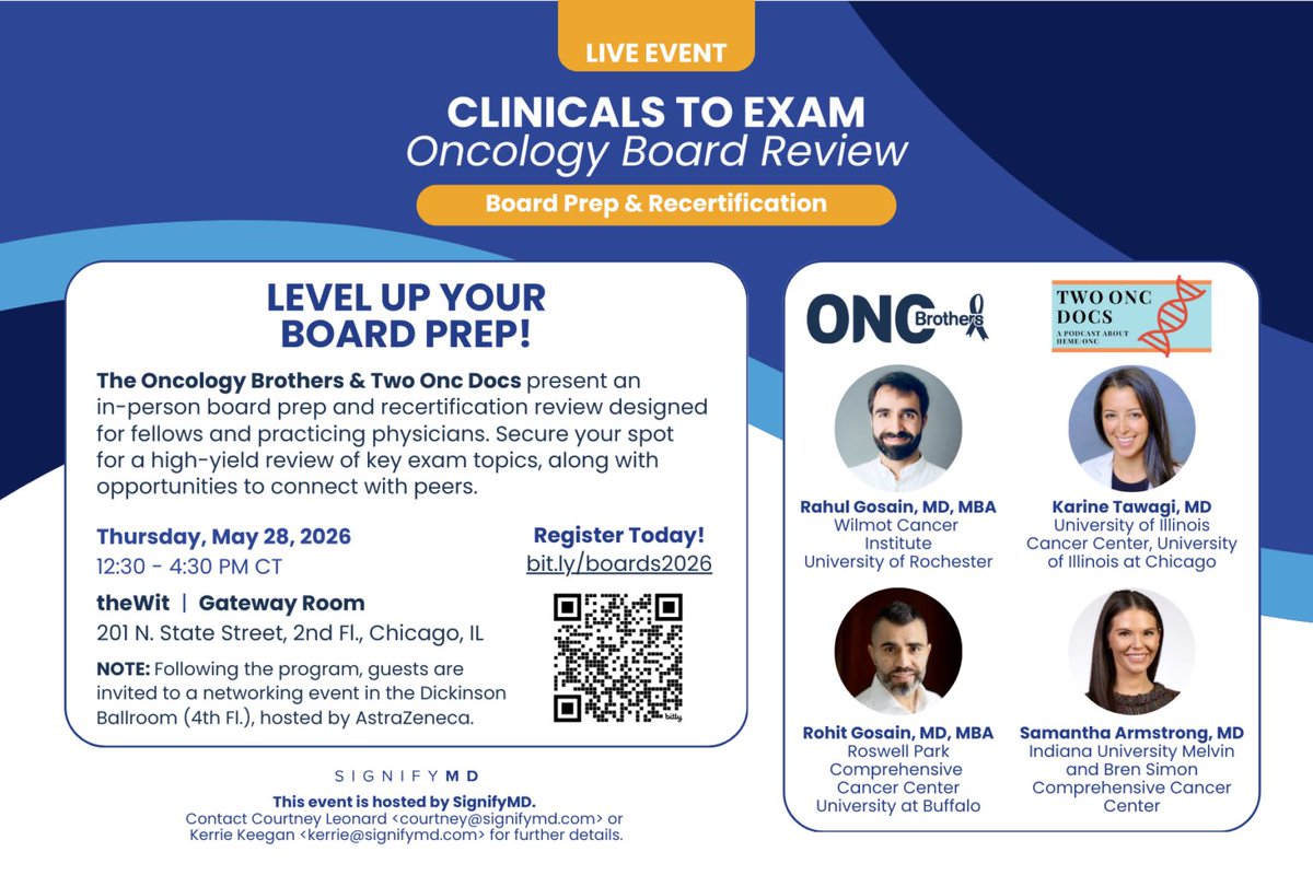 OncUpdates's tweet image. ‼️@ASCO can’t miss event!

🗓️In-person Oncology Board Review w/@TwoOncDocs +@OncBrothers 
🔗Link to register: bit.ly/boards2026

👉Share with your fellows or anyone needing a review for boards! @ASCOTECAG @HemOncFellows #OncTwitter #MedEd #FOAMed #Oncology #MedTwitter #MedX