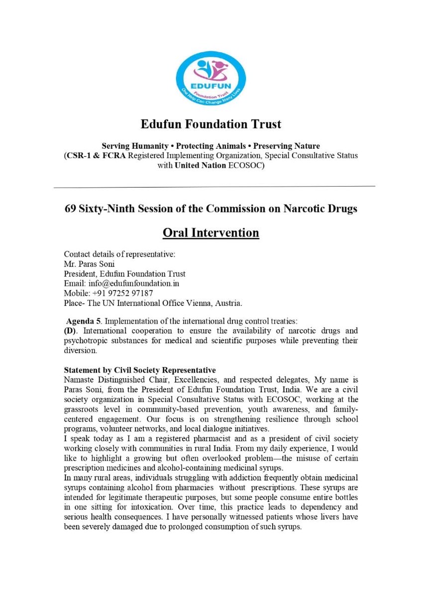 ParasVSoni's tweet photo. Proud moment for @EdufunIndia 🇮🇳
Delivered our Oral Intervention at #CND69, UN Vienna. Highlighted misuse of prescription medicines &amp; alcohol-based syrups in rural communities and the urgent need for awareness &amp; responsible use.
#DrugPolicy #PublicHealth https://t.co/NIUWtIcWDt
