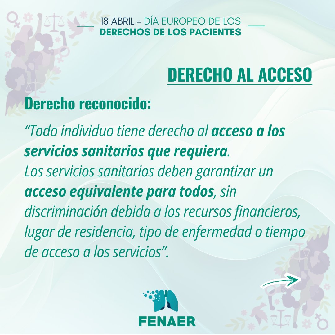 fenaer2's tweet photo. 👉 La Carta Europea de los Derechos de los Pacientes reconoce el derecho al acceso a los servicios sanitarios. Esto significa que todas las personas deberían poder recibir la atención sanitaria que necesitan en condiciones de igualdad.

🚪 El acceso es la puerta de entrada al sistema sanitario. Sin él, el resto de derechos —diagnóstico, tratamiento o seguimiento— quedan en segundo plano. 👇