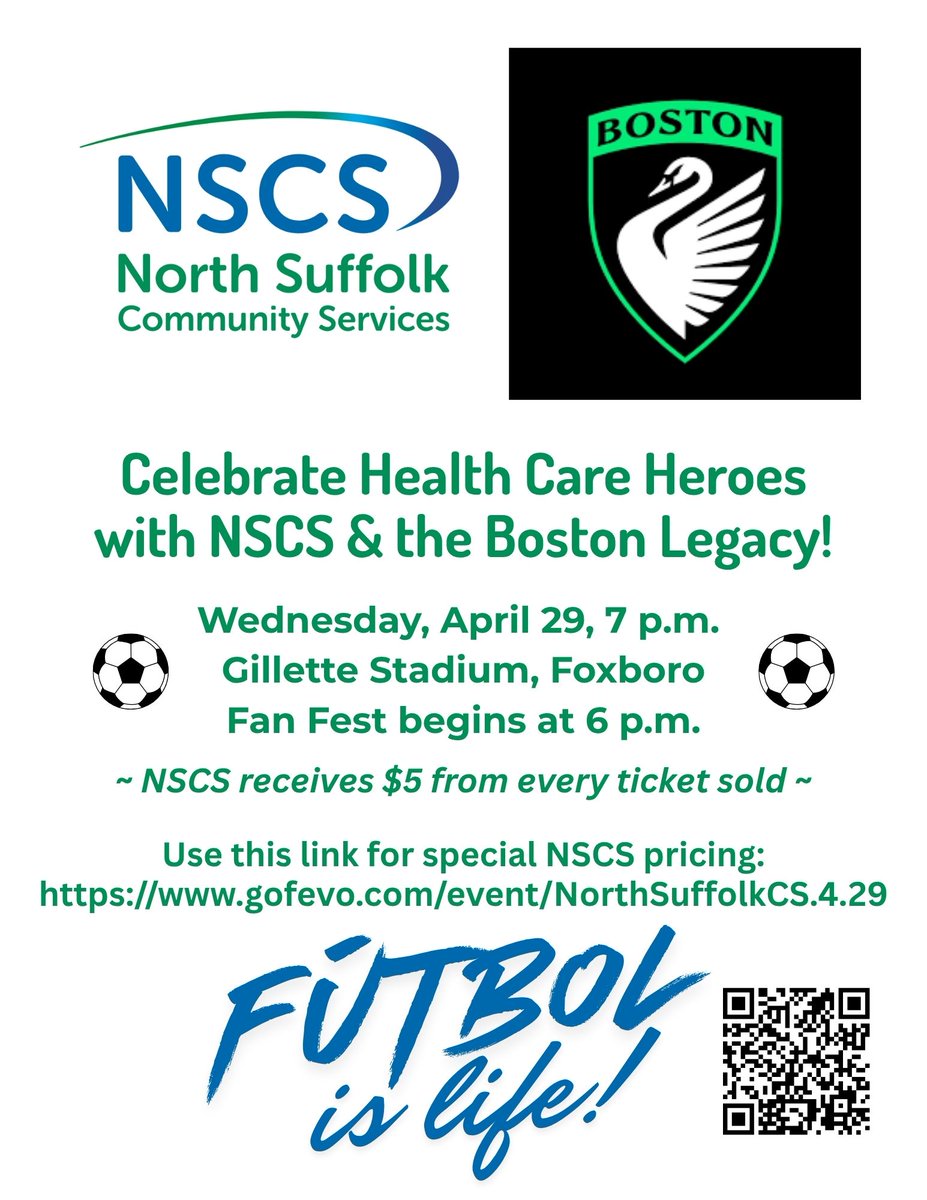 NorthSuffolkOrg's tweet photo. Join NSCS on April 29th at Boston Legacy women's professional soccer to celebrate our workforce heroes! Get special ticket pricing by using NSCS's QR code or link! #WomensSoccer @NWSLBoston https://t.co/lwRoIt1Xzz