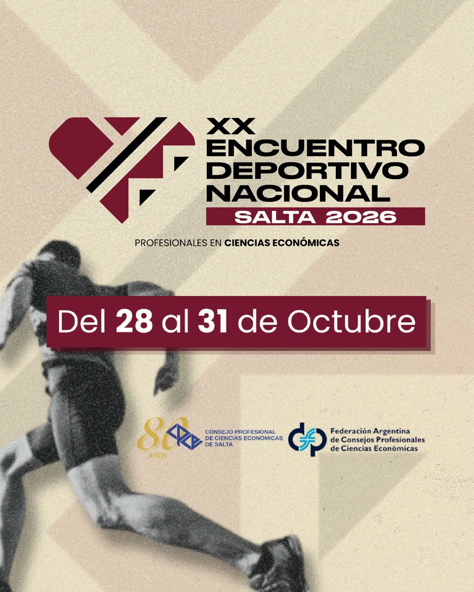Nos dirigimos a Ud., con el objeto de invitarlo a participar del XX Encuentro Deportivo Nacional de Profesionales de Ciencias Económicas, que se realizará en la ciudad de Salta, los días 28 al 31 de octubre 2026.

Más información: cpcerionegro.org.ar/xx-encuentro-d…