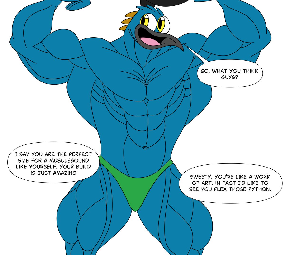 Here's an artpiece of Marty the quail flexing his muscles, impressing Joey and Zen to with his Greek god-like body. To his boyfriend, the blue bird is like looking at a work of art. Marty, Zen and Joey are all owned by <a href="/GMXmuscle/">geamex</a>