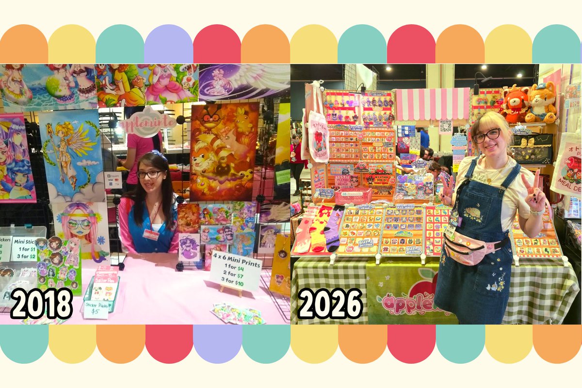 applemintey's tweet photo. ⭐️My first con in 2018 vs this year in 2026!⭐️
It feels really good to look back and see how much my small business has grown and how far I've come as an artist.

Thank you to everyone who's supported me over the years, whether it was through at cons, my pin club, my art videos...anything.

Here's to many more years! 🥹