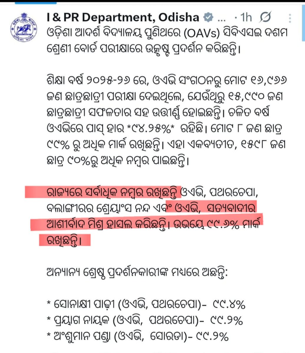 OAVSTB's tweet photo. Heartiest congratulations to our Class X students of OAV Satyabadi on the outstanding CBSE Board Results 2026! 🎉

🌟 Ashirbad Mishra – 99.6% (State Topper🥇)
🌟 Satyajit Sethi – 98.4%
🌟 Tulashi Nayak – 98%

Your hard work, discipline &amp; determination have truly paid off.🎉 https://t.co/FqcXCWRxn2