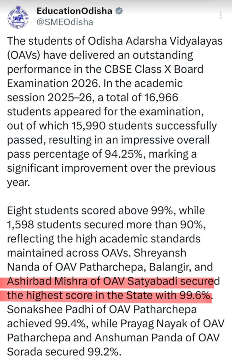 OAVSTB's tweet photo. Heartiest congratulations to our Class X students of OAV Satyabadi on the outstanding CBSE Board Results 2026! 🎉

🌟 Ashirbad Mishra – 99.6% (State Topper🥇)
🌟 Satyajit Sethi – 98.4%
🌟 Tulashi Nayak – 98%

Your hard work, discipline &amp; determination have truly paid off.🎉 https://t.co/FqcXCWRxn2