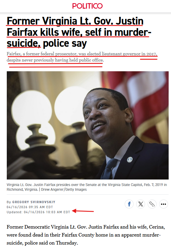 TheDebriefing17's tweet photo. ๐คFormer Democratic Virginia Lt. Gov. Justin Fairfax and his wife, Cerina, were found dead in their Fairfax County home in an apparent murder-suicide, Dead at "47"
Interesting Timeline for an exit stage left... #CastCall https://t.co/6EBakUPUBs