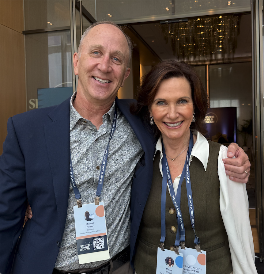 margiewarrell's tweet photo. My favorite moment at @semafor  World Economy this week had nothing to do with AI or geopolitics. It was a real conversation with my dear friend Michael. The loneliness of leadership is real - and no technology will ever replace the trust built in person. That's still our most powerful lever for moving business and humanity fwd. #SemaforWorldEconomy #Leadership