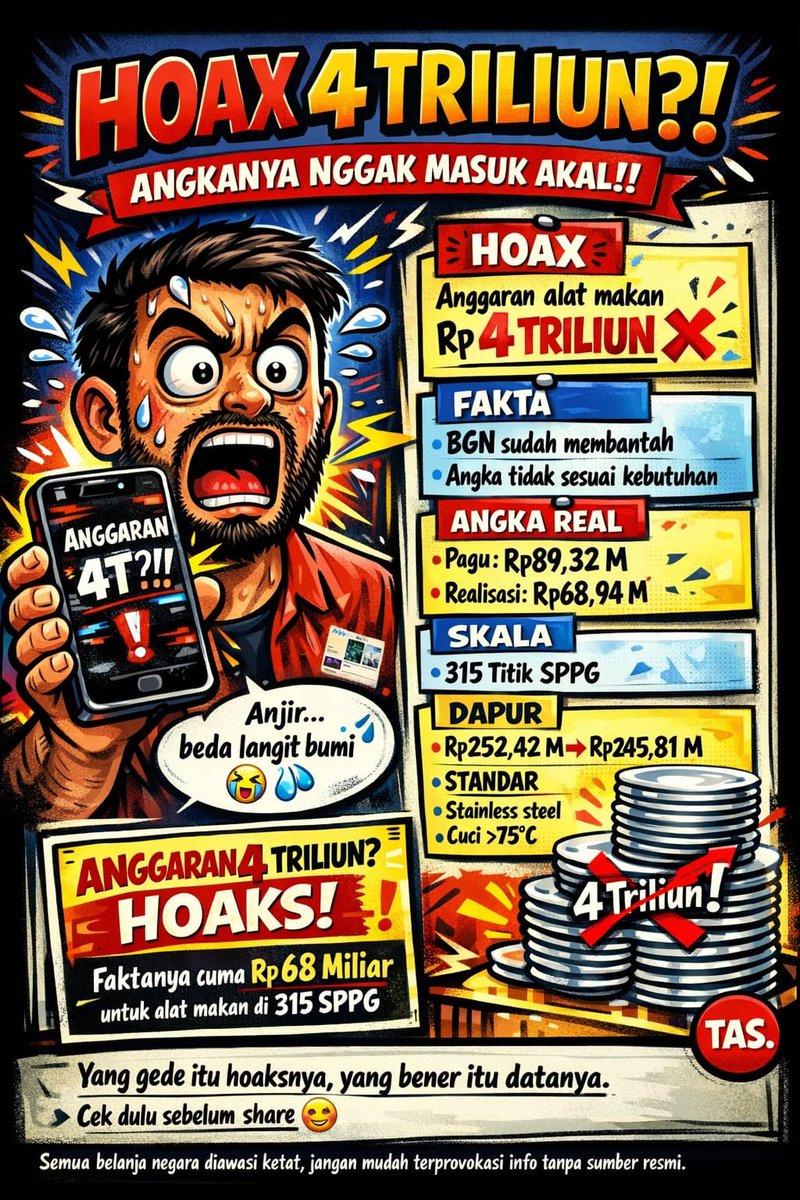 T1in1i's tweet photo. Hoaxs Anggaran Rp4 triliun untuk alat makan jelas tidak masuk akal. BGN sudah membantah, karena angka riil hanya pagu Rp89,32 miliar dengan realisasi Rp68,94 miliar untuk 315 titik SPPG. 
#KlarifikasiBadanGizi https://t.co/tVHSIz2vhL