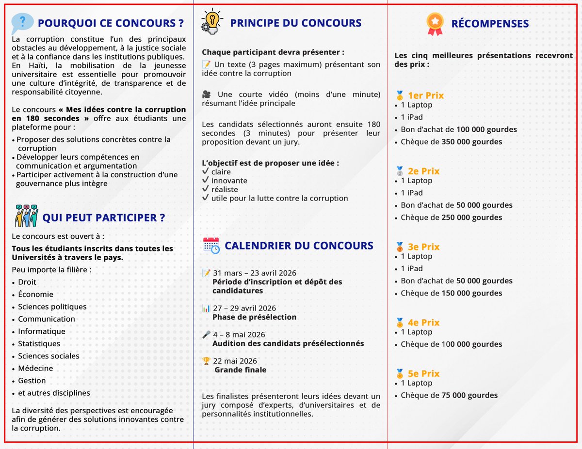 ULCCHaiti's tweet photo. Les inscriptions sont ouvertes pour le concours d’art oratoire « Mes idées contre la corruption en 180 secondes », jusqu'au 23 avril. Saisis ta chance, fais entendre ta voix et tente de remporter des prix exceptionnels ! Voici le formulaire à remplir : https://t.co/fosJneBtP2 https://t.co/k24dCSnWyk