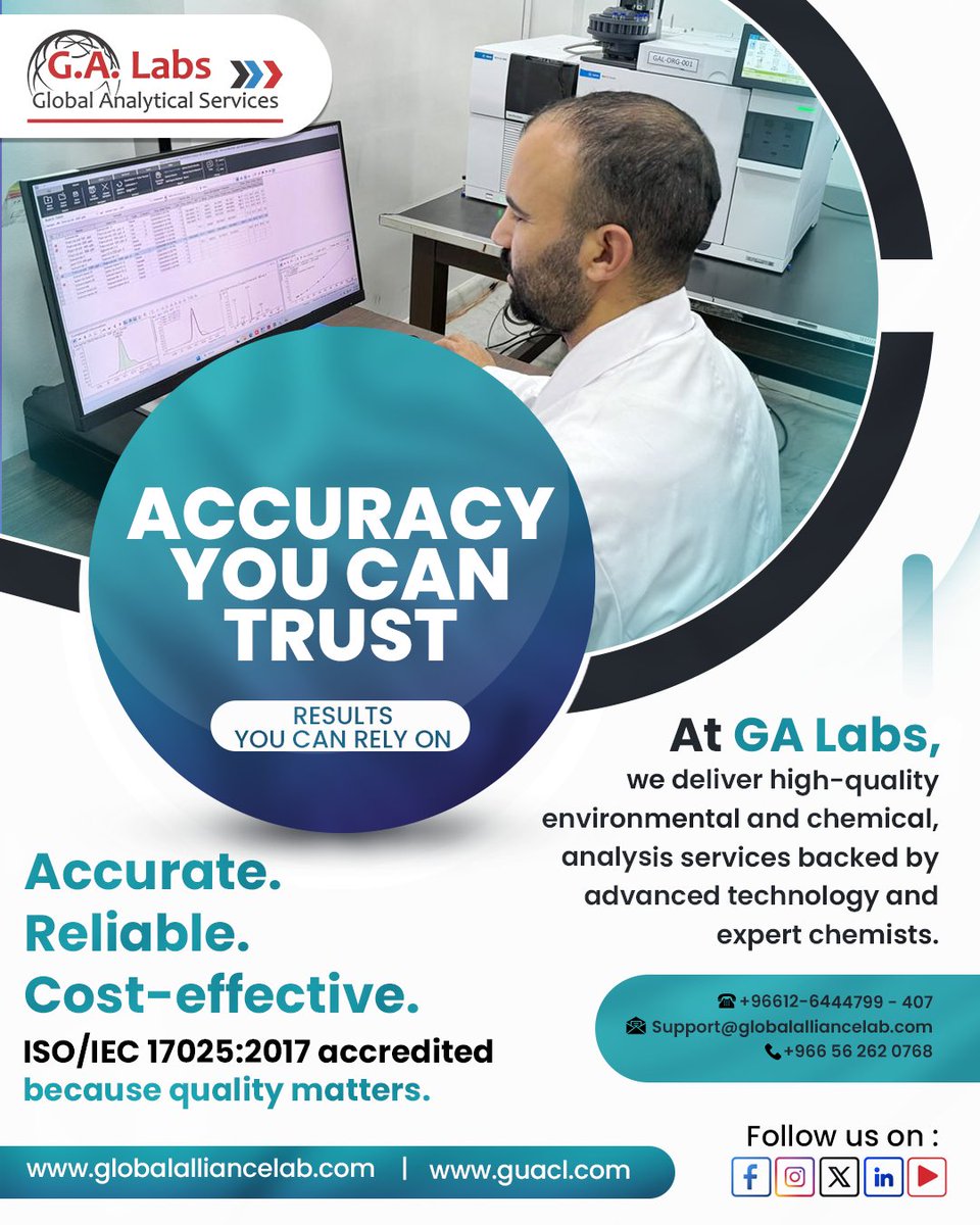 galabofficial's tweet image. Precision matters when stakes are high.
At GA Labs, we combine advanced tech and expert chemists to deliver accurate, reliable, and affordable testing, environmental or metal, quality is our priority.

#AnalyticalTesting #GALabs #LaboratoryServices #ISO17025  #MetalTesting