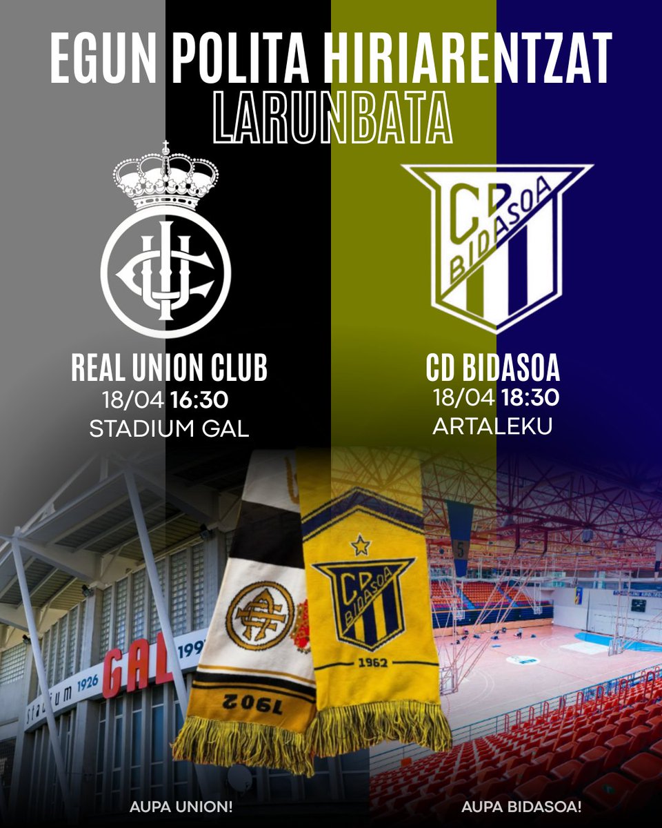 txuribeltzmaite's tweet image. EGUN POLITA HIRIARENTZAT LARUNBATA  
Larubatean gure hiriko bi talde handienak jokatzen dute Irunen  

REAL UNION 16:30  
CD BIDASOA 18:30  

¡PLANAZO!  
AUPA UNION ETA AUPA BIDASOA!

#supersaturday