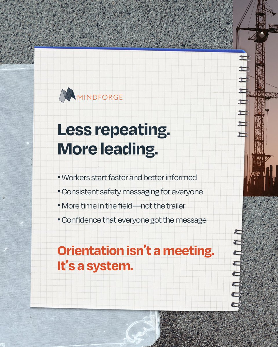 MindForge's tweet photo. Orientation is not going away.
But wasted time can.

MindForge digitizes key parts of orientation before workers arrive so less time is spent in the trailer and more time is spent building.

Book a demo and experience how MindForge can change orientation on your jobsite. https://t.co/GtyVf6pFDj
