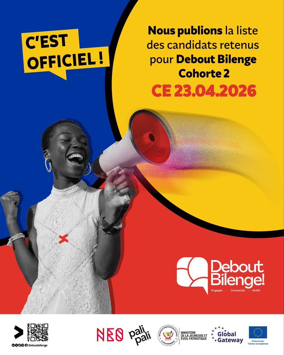🚨Officiel : Ce 23 avril 2026, nous publions la liste des candidats retenus pour @debout_bilenge2 

📣Partageons l’info ☺️

#deboutbilenge #cohorte2 #ue