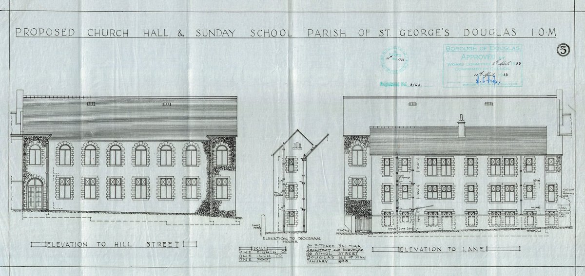 IsleOfManPRO's tweet photo. Here are two wonderful plans for St George's church hall &amp; Sunday school on Hill Street. The hall opened in March 1935, two years after the foundation stone was laid. The vicar of St George's, Reverend Stockwell, called it "the dream of long, long years". #ManxArchives #IsleOfMan https://t.co/dTfTBAquJf