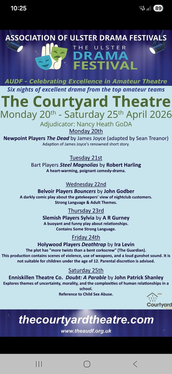 adhoc_group's tweet photo. Some of our members are participating in the Ulster Drama Festival for other drama companies, and we're looking forward to a week of great amateur drama at Ballyearl:
https://t.co/YnnBcr4txj
@audfweb https://t.co/30EK3xligI