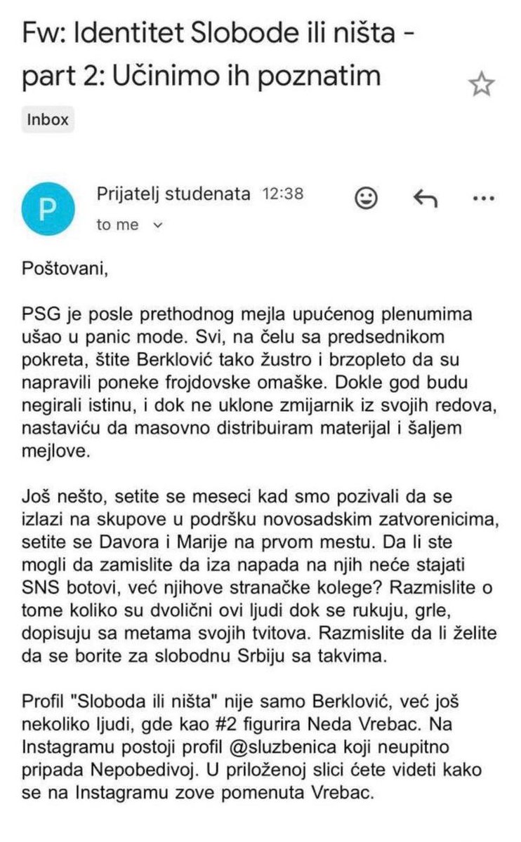 Justicija993's tweet photo. Nastavak razotkrivanja botova koji targetiraju studente.

Druga osoba iza profila "Sloboda ili Ništa" i jedna od organizatora botova je gospođa Neda Vrebac iz pokreta Pavla Grbovića! https://t.co/v9jINiETym