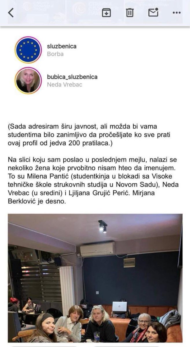 Justicija993's tweet photo. Nastavak razotkrivanja botova koji targetiraju studente.

Druga osoba iza profila "Sloboda ili Ništa" i jedna od organizatora botova je gospođa Neda Vrebac iz pokreta Pavla Grbovića! https://t.co/v9jINiETym