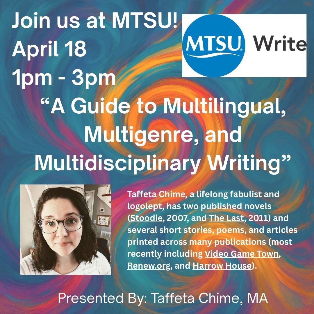 TaffetaChime's tweet image. Just a reminder that if you're in middle Tennessee, you can come see me this Saturday for a fun talk with @MTSUWrite all about genre-bending and riding the line in your writing! It's free and open to the public! #mtsu #writing #workshop