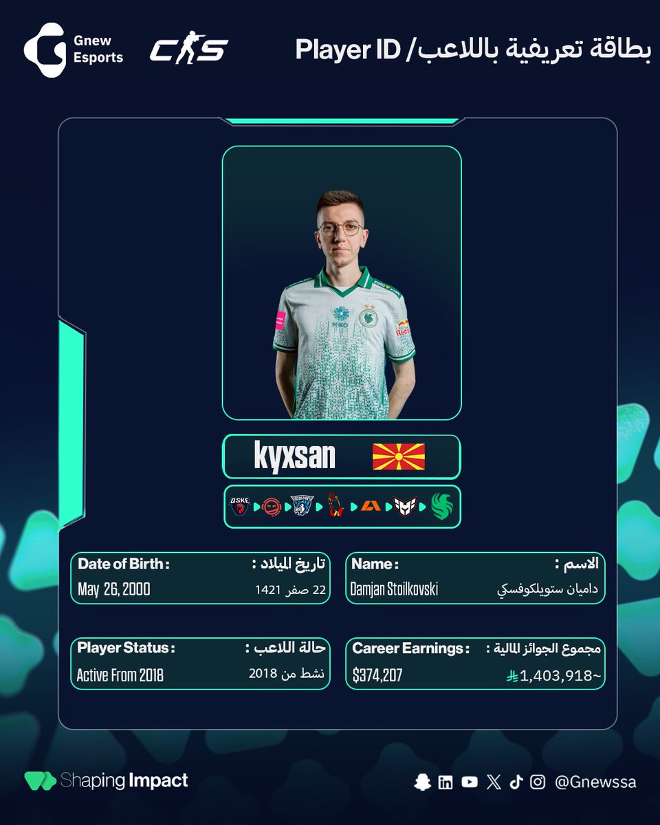 Gnewssa's tweet photo. نقدم لكم البطاقة التعريفية لقائد كتيبة فالكونز في لعبة Counter-Strike، اللاعب @kyxsancs.

#الحدث_من_زاويتنا - #Shaping_Impact https://t.co/1M9KmTY5LZ