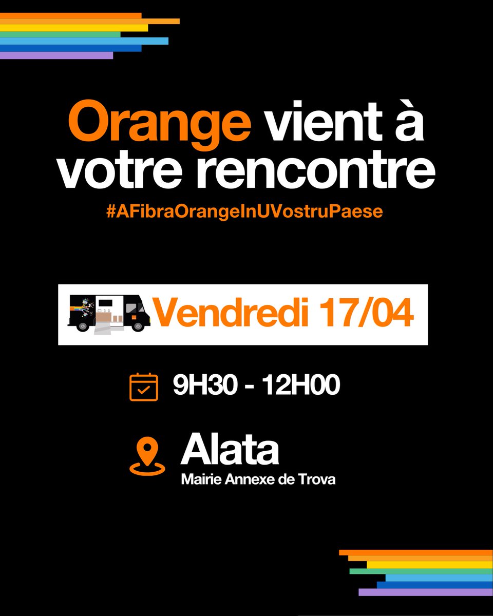 OrangeCorse's tweet image. 🚚 Le camion @OrangeCorse passe près de chez vous !

📍 Alata
🗓️ Vendredi 17/04
🕑 9h30 à 12h00

Une question sur la #fibre ou votre forfait #mobile ? 

Nos conseillers sont là pour vous guider !
Passez les voir 🧡