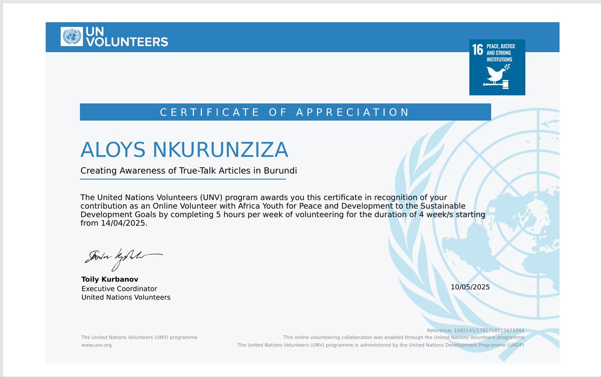 AloysNkuru54853's tweet image. Promoting active citizenship goes beyond ideas, it requires meaningful action.
Through my role as an online volunteer with the UN Volunteer  I had the opportunity to support an awareness campaign that truly made a difference.
SDG 16: Peace, Justice and Strong Institutions.

#UNV