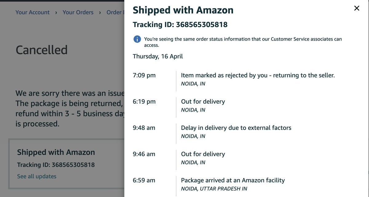 ShivBPant's tweet photo. @amazonIN @AmazonHelp Disappointed Delivery! 
Tracking ID: 368565305818
Agent refused to deliver, was rude, demanded I meet 600mtrs away or he’d cancel. 

Called Customer Care, but Amazon Bazaar team logs out at 7pm. Order now canceled. 

Terrible experience and a waste of time. https://t.co/L4fOhKCsg9