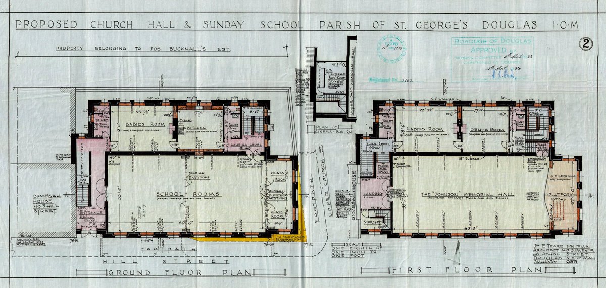 IsleOfManPRO's tweet photo. Here are two wonderful plans for St George's church hall &amp; Sunday school on Hill Street. The hall opened in March 1935, two years after the foundation stone was laid. The vicar of St George's, Reverend Stockwell, called it "the dream of long, long years". #ManxArchives #IsleOfMan https://t.co/dTfTBAquJf