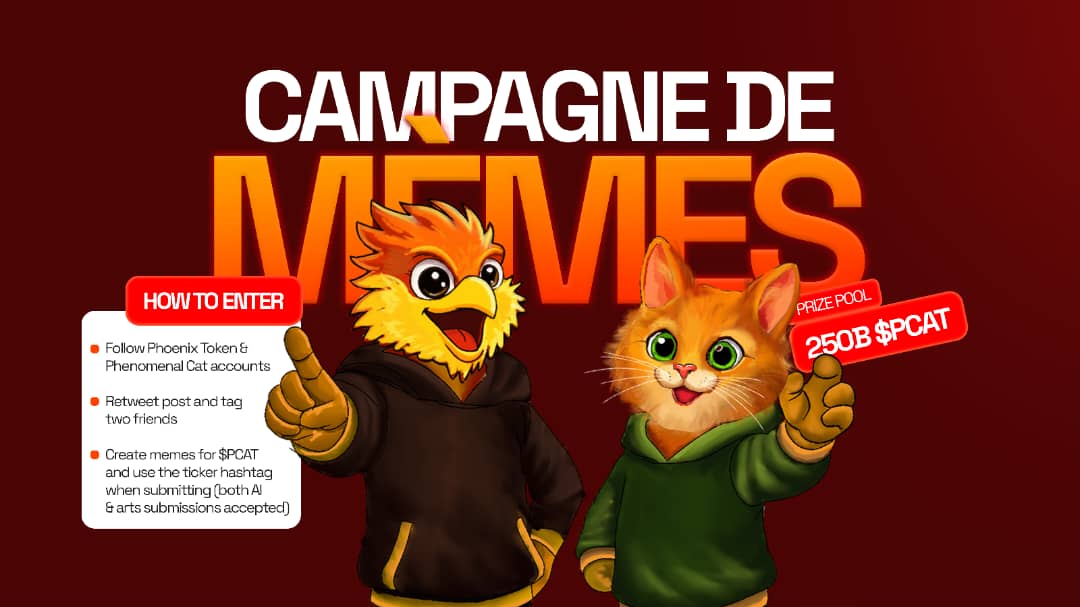 Memes aren’t just jokes… they’re culture, attention, and power.
Now it’s time to turn creativity into rewards 

250B $PCAT up for reward

AI or hand-crafted, bring your best ideas

How to join:
• Follow the <a href="/phenomenalcat01/">Phenomenal Cat Coin🐈 $PCAT</a> and <a href="/PhoenixToken0/">Phoenix Token 🐦‍🔥🔥</a>
• Retweet and+tag 2 friends
•