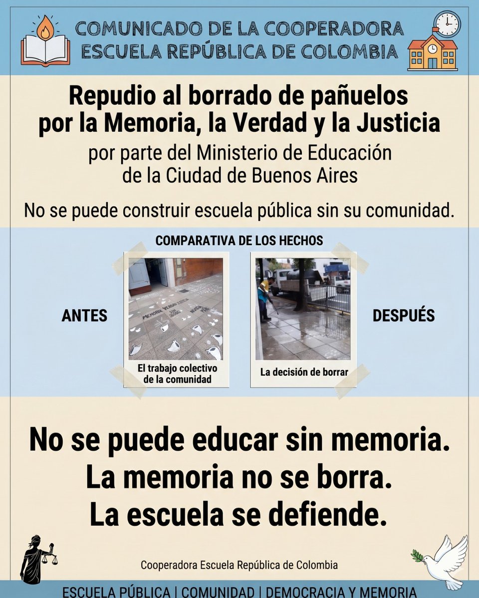 Barry__Ale's tweet photo. En la escuela República de Colombia de Boedo se borraron los pañuelos de las Madres de Plaza de Mayo realizados por alumnos y docentes  luego de la visita de la ministra de Educación Mercedez Miguel. La comunidad educativa está expresando su repudio.  Nos sumamos a ese repudio a este gravísimo hecho   siendo las escuelas un lugar fundamental para la trasmisión de la lucha por Memoria, Verdad y Justicia.