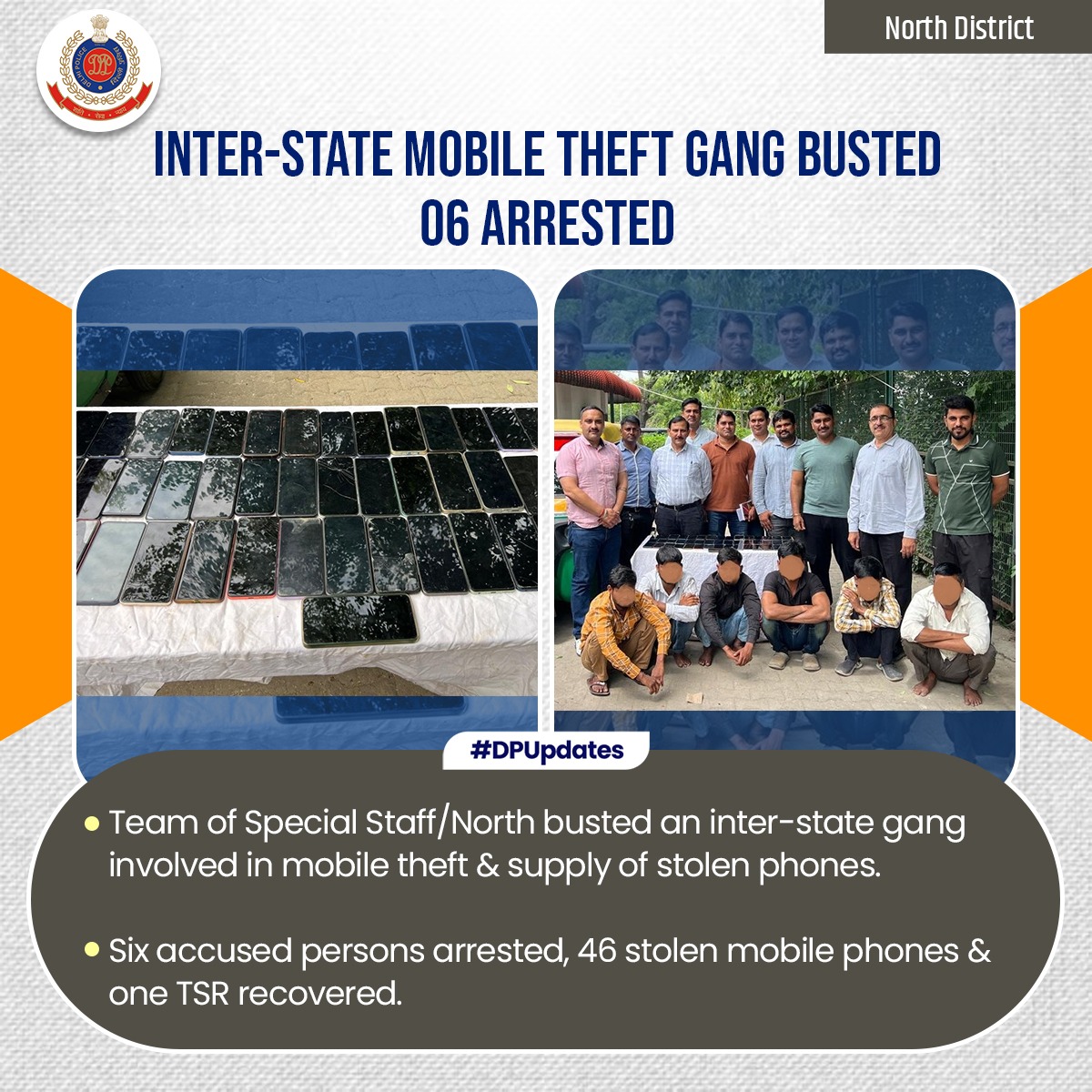 DcpNorthDelhi's tweet photo. #कानूनकेहाथ: Team of Special Staff/North arrested six members of an inter-state mobile theft gang & recovered 46 stolen mobile phones along with a TSR used in transportation.
The gang targeted shoppers in crowded markets across Delhi-NCR & used minors to execute thefts.
Stolen phones were routed through Jharkhand & West Bengal for cross-border disposal.
#DPUpdates
#HelloPoliceStation
#HelloDelhiPolice