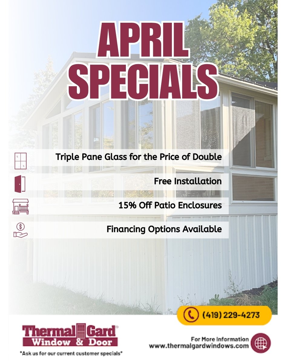 ThermalGard4273's tweet image. ⬆️Next Level Products from a Next Level Company⬆️Our April Special will help you level up even faster!

Call (419) 229-4273 or visit our website to schedule your free estimate.

#AprilSavings #HomeImprovement #EnergyEfficient #Windows #Doors #Lima #Ohio