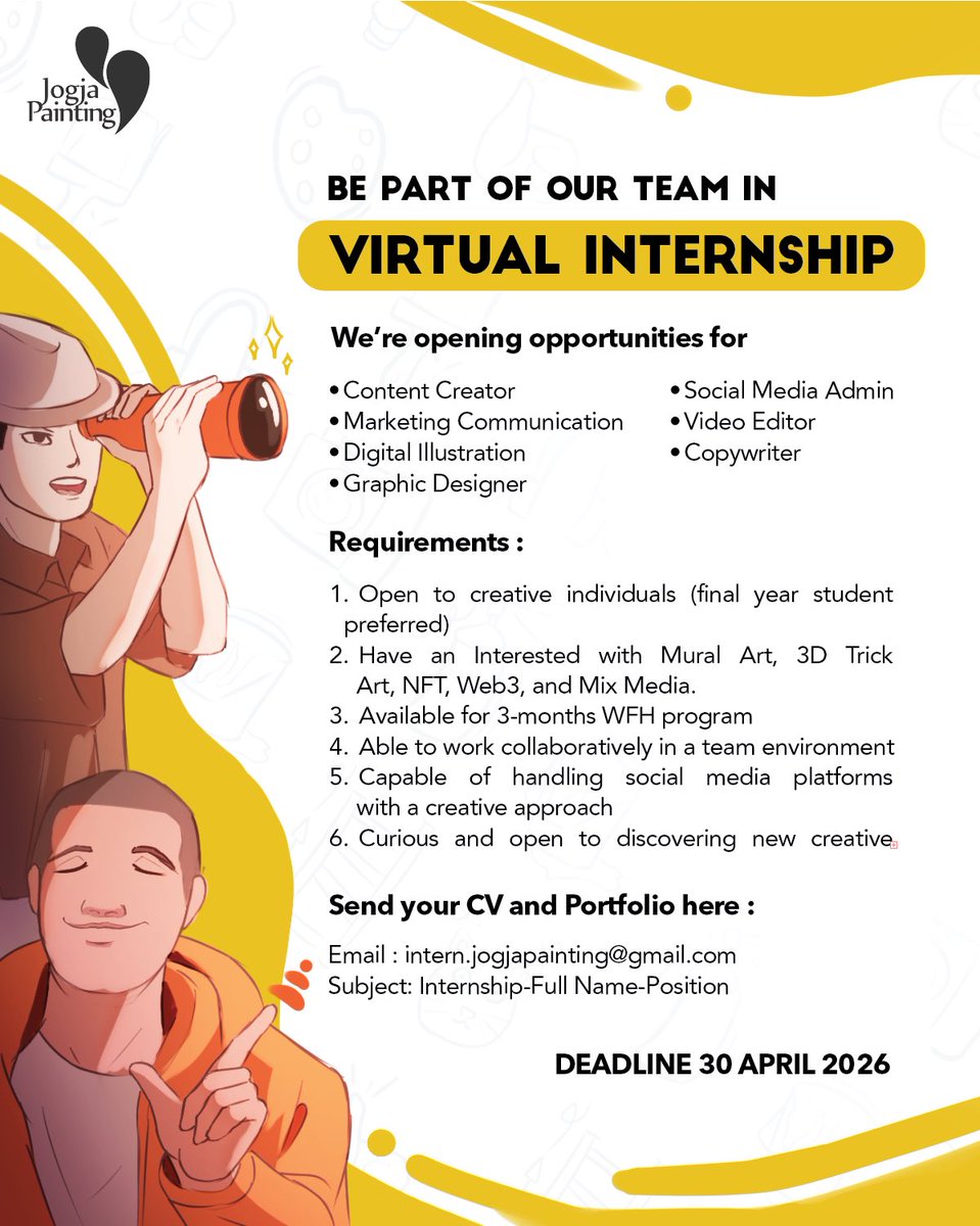 JogjaPainting's tweet image. Hello Art People! ✨

A space to grow, explore ideas &amp;amp; create together 🎨

📩 Send your application to: intern.jogjapainting@gmail.com ⏰ Deadline: 30 April 2026

Don’t miss it your ideas deserve to be seen.

#JogjaPainting #VirtualInternship