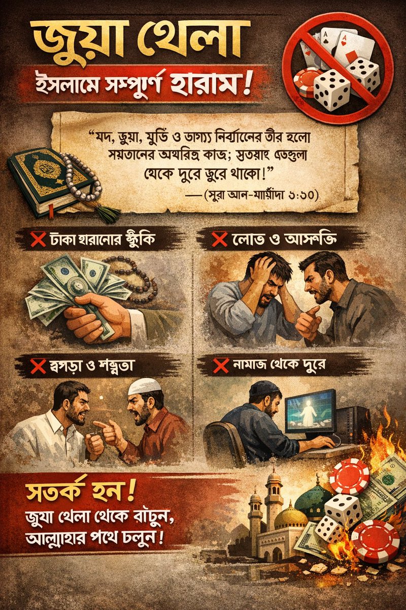 “হে ঈমানদারগণ! নিশ্চয়ই মদ, জুয়া, মূর্তি এবং ভাগ্য নির্ধারণের তীর—এগুলো শয়তানের অপবিত্র কাজ। সুতরাং এগুলো থেকে দূরে থাকো, যাতে তোমরা সফল হতে পারো।”
— (সূরা আল-মায়িদা ৫:৯০)

অনেক চ্যানেল এ দেখি এখন এয়ারড্রোপ ছেড়ে দিয়ে জুয়ার সাইট শেয়ার করতেছে ...বিশ্বাস করেন হারামে কোনো
