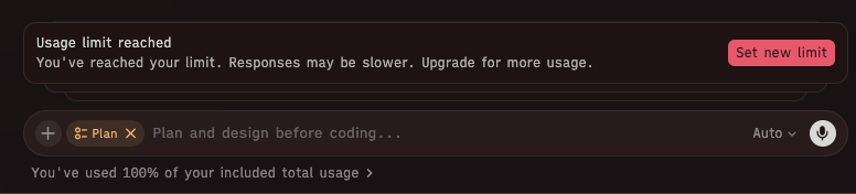 VinSpee's tweet photo. @leerob is @cursor_ai 3 intentionally obscuring the question/answer tool when I'm past my usage limit? I get a notification about a need for answers but cant access them from glass, i wind up having to ask the agent to put them into the markdown plan and have me explicitly answer https://t.co/LvDnn9yEPp
