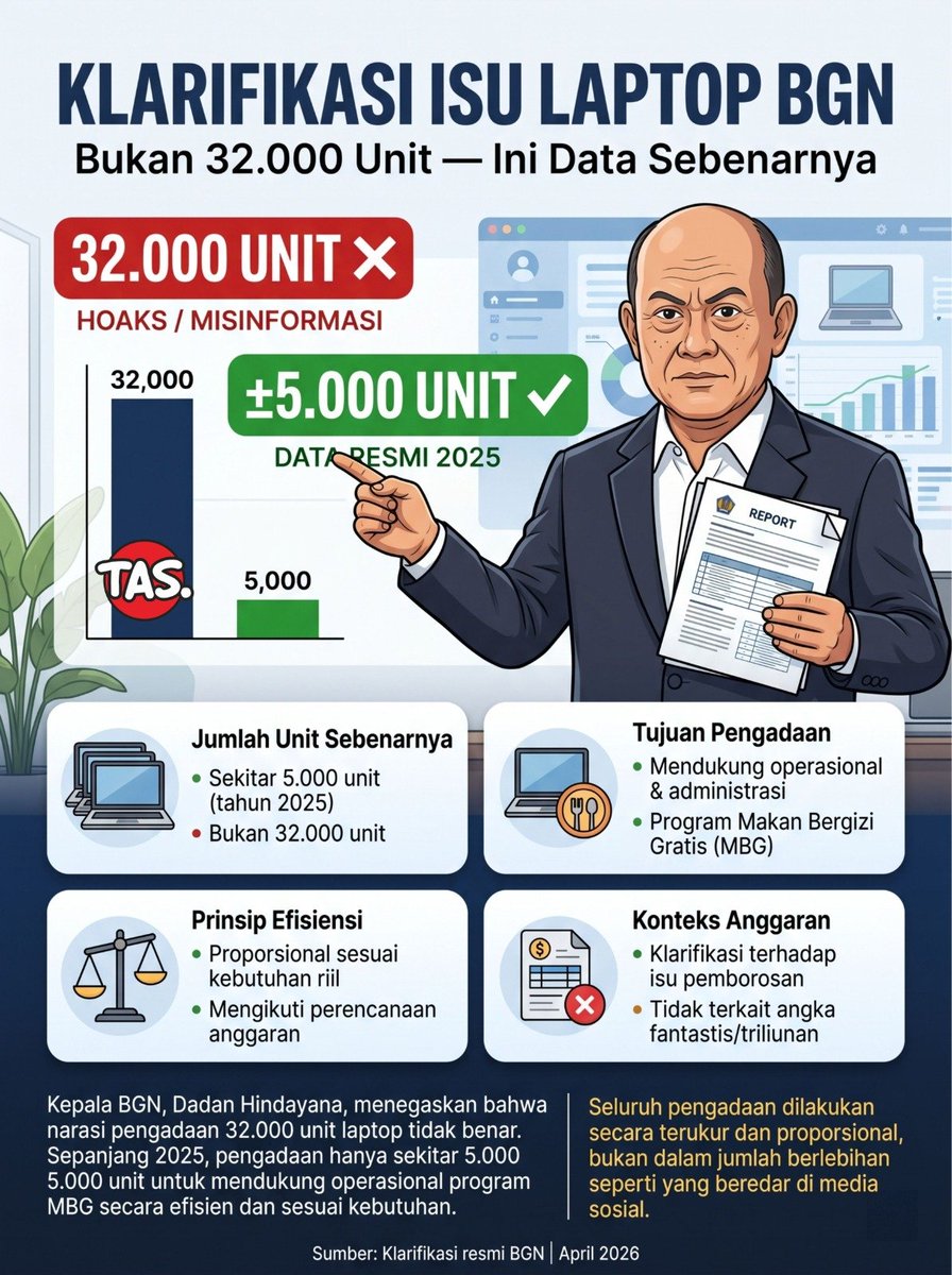 BiibiEmon's tweet photo. Hoaxs Anggaran soal pengadaan 32.000 laptop itu tidak benar. Klarifikasi resmi menyebut hanya sekitar 5.000 unit sesuai kebutuhan riil dan pengawasan ketat. Jangan mudah percaya angka yang dibesar-besarkan. 
#KlarifikasiBadanGizi https://t.co/b8G8Wz5JIl