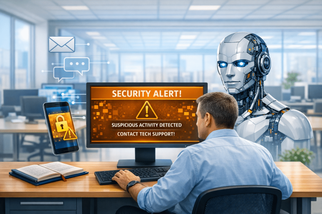 Sageplan's tweet photo. Did you just get an email, phone call, or pop-up on your browser from a tech company offering to help with a problem on your computer? There's a good chance that the person behind that message is really an AI hacker. https://t.co/iJ9egGUTv3 https://t.co/J9G2VYbR4M