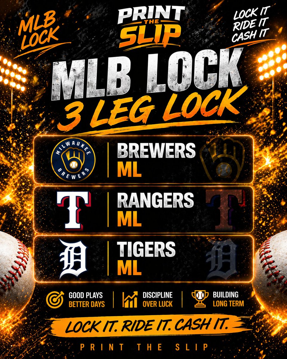 PrintTheSlip's tweet image. MLB 3 Legger ⚾️
Brewers ML 
Rangers ML 
Tigers ML
Lock it 🔒

#MLB #Lock #Betting