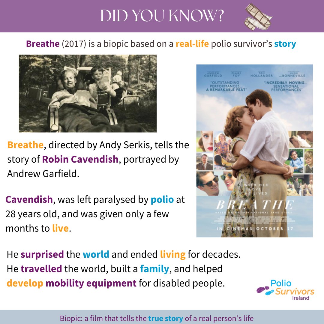PolioIreland's tweet image. Did you know Friday! 🎬

If you're looking for something to watch this weekend, check out Breathe (2017).

It's a biopic based on the life of Robin Cavendish, starring Andrew Garfield.

#polioawareness #polio #breathe