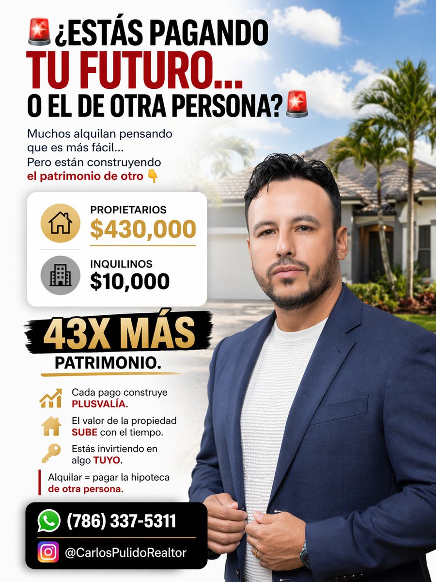 CarlosPulidoRE's tweet image. 🚨 ¿ESTÁS PAGANDO TU FUTURO… O EL DE OTRA PERSONA? 🚨

📩 Escríbeme “PLAN” y te ayudo a ver exactamente qué necesitas para dejar de alquilar y empezar a construir tu futuro

#CarlosPulidoRealtor #MiamiRealEstate #HomeBuyingTips