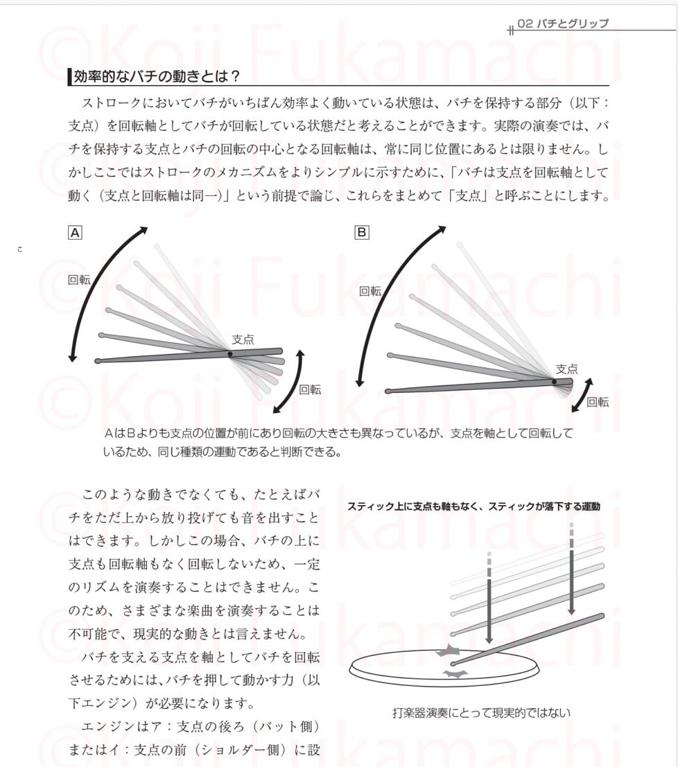 「新しい打楽器メソード」（スタイルノート社）より

「効率的なバチの動きとは、バチが回転している状態だと考えることができる」

#新しい打楽器メソード
