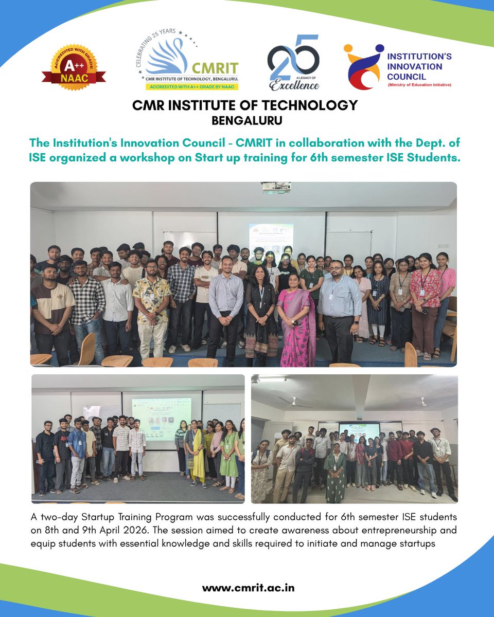 CMRIT_Bengaluru's tweet image. IIC-CMRIT in collaboration with the Department of Information Science and Engineering organized a Workshop on Startup Training for 6th Semester Students on 09th April 2026.

@mhrd_innovation

#cmritbengaluru #cmrit #IIC_CMRIT #mhrd #ISE