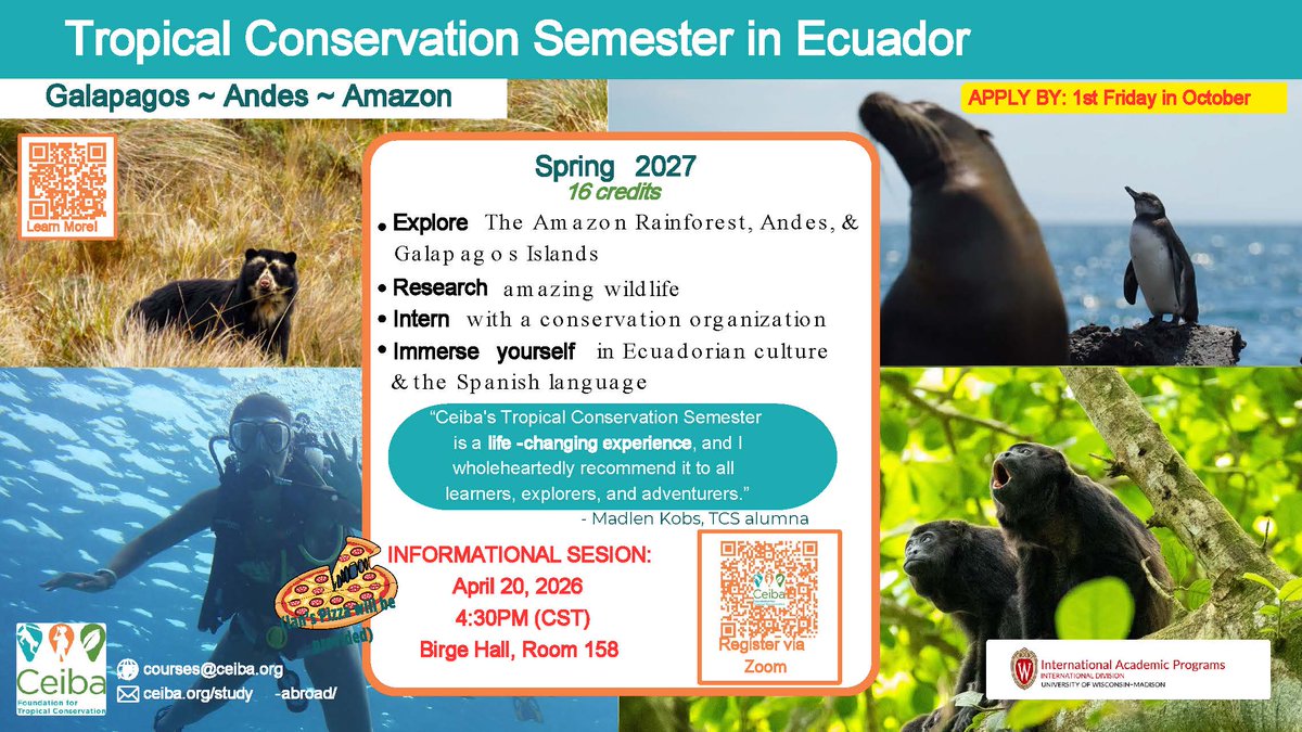 UWBioMajor's tweet photo. Hey #BioBadgers! Ceiba Tropical Conservation Semester is hosting an info session on April 20th, 4:30PM, in Birge Hall Room 158 - also over Zoom: https://t.co/QTW7zT0qaP
Free pizza for all in-person attendees! https://t.co/G51OAH0usa