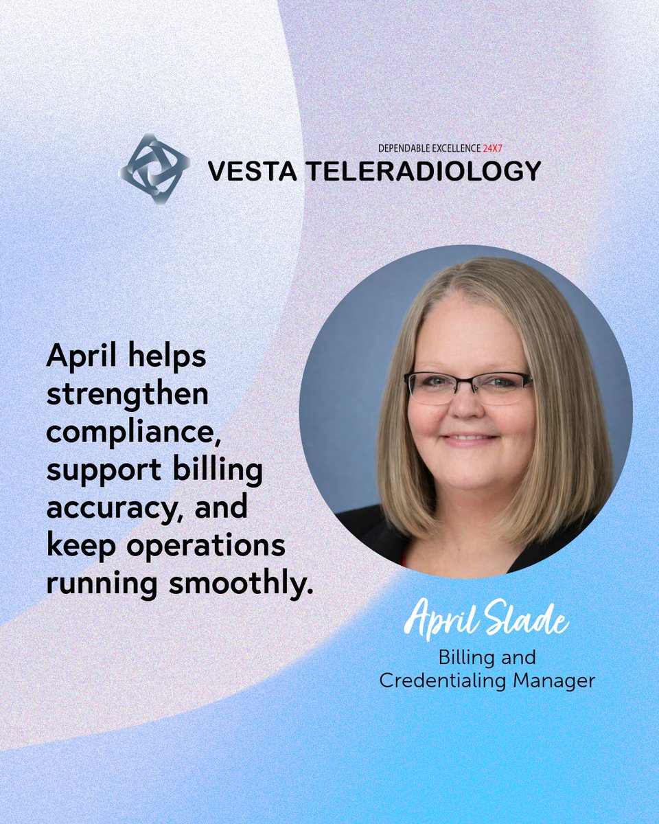 vestarad's tweet image. April brings a steady, detail-oriented approach to complex workflows that helps keep services aligned and moving efficiently. #VestaTeleradiology #TeamSpotlight #HealthcareOperations #BillingAndCredentialing #RadiologySupport #OperationalExcellence