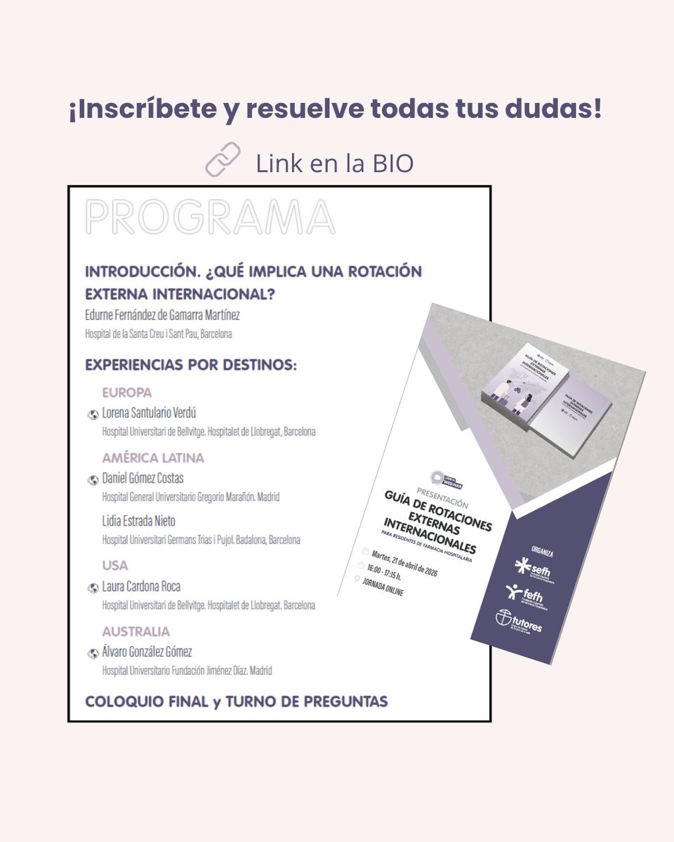 tutores_sefh's tweet photo. 🌍 ¿Rotación internacional durante tu residencia?
Descubre cómo hacerlo con experiencias reales
🇪🇺 Europa | 🌎 LatAm | 🇺🇸 USA | 🇦🇺 Australia
🗓️ 21 abril
⏰ 16:00–17:15
💬 Con turno de preguntas final
👉 ¡No te lo pierdas!
#FIR #Residencia #FarmaciaHospitalaria #rotaciones https://t.co/zmcOMYZcDL