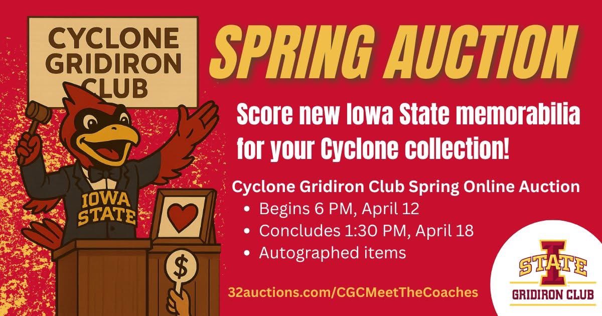Cyclone fans! Add to your ISU memorabilia collection through the Cyclone Gridiron Club's spring auction! Our online auction is now underway and closes at 1:30 PM Saturday, April 18. Place your winning bids now! 32auctions.com/CGCMeetTheCoac…