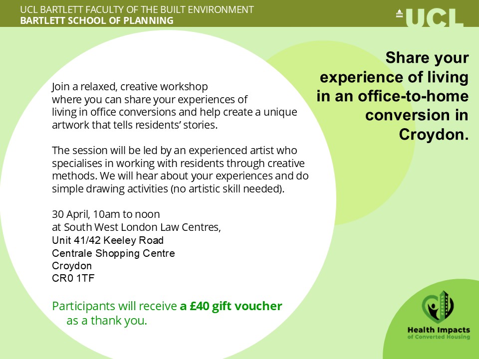 SWLLawCentres's tweet photo. We are continuing our partership with UCL and are holding a creative session at our offices in Croydon. 

Do you live in a home that used to be an office block? Come hang out with us at the Law Centre and get creative. https://t.co/RNDqiAnyzB