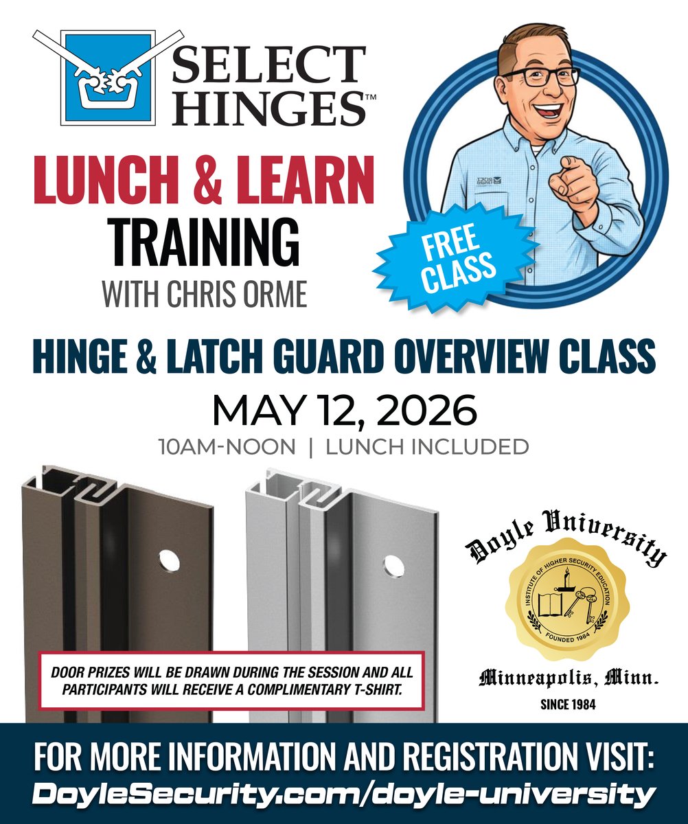 Doyle_Security's tweet photo. Join us on May 12th for an informative and hands-on overview of the SELECT® continuous hinge and latch guard product line. 

Class Registration Here - https://t.co/bDDd55fvao https://t.co/L8DH3OtO0b