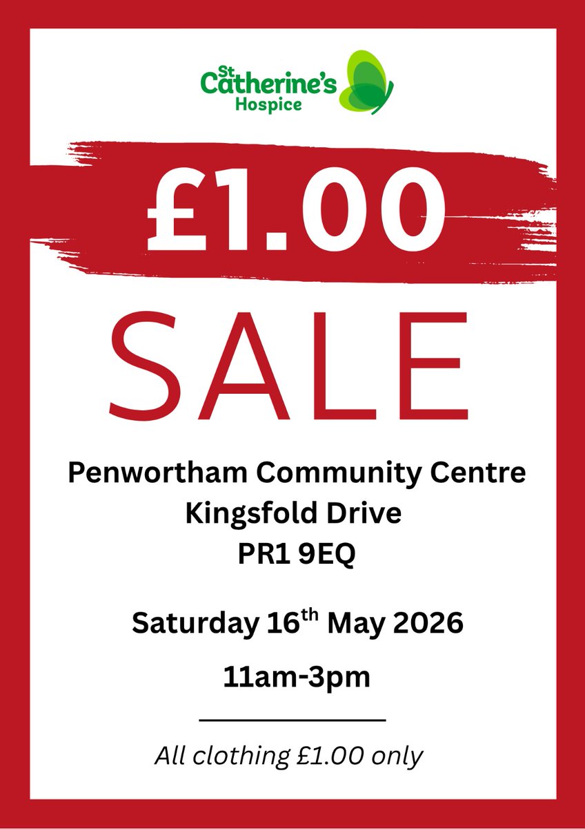 PriorySTC's tweet photo. SUPPORTING OUR COMMUNITY

St Catherine's Hospice has organised a £1 clothing event at Penwortham Community Centre on 16 May. https://t.co/8WhHRgRf7m