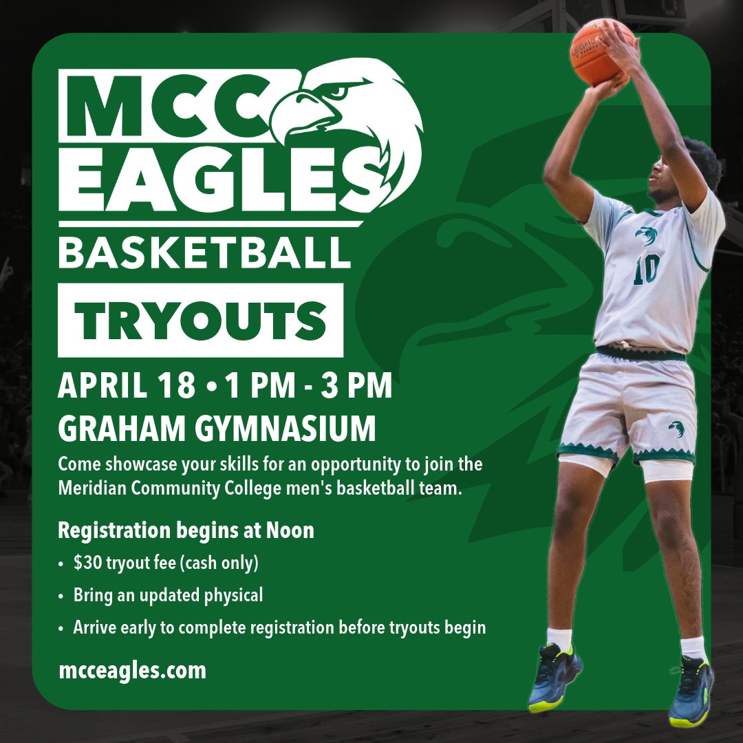 MCCEaglesSports's tweet photo. MBB TRYOUTS. MCC men's basketball will hold tryouts in the Graham Gymnasium on Saturday, April 18th from 1-3 pm. Registration begins at Noon and the fee is $30 (cash only). #FindYourWings https://t.co/vK4isrObL7