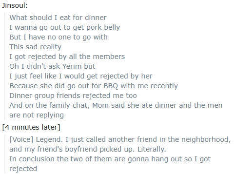 litell_johnn's tweet photo. Chat highlights: Jinsoul gets rejected for dinner by the members, by Choerry by assumption, by her dinner group, by her family, and by her neighborhood friend and the friend's boyfriend (260416)

Text links:
https://t.co/GFeuynPexb https://t.co/uLjrFxkNbM